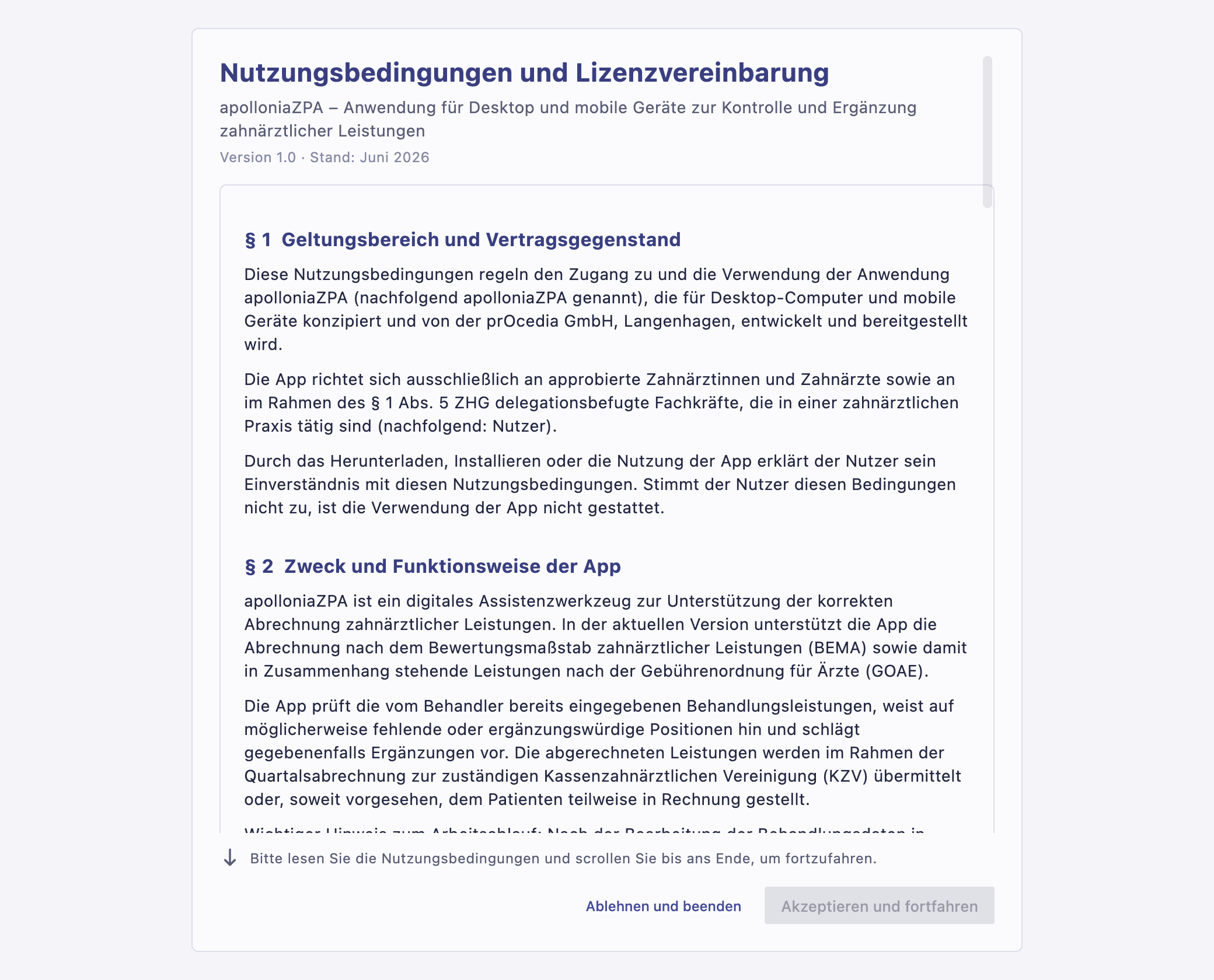 Nutzungsbedingungen beim Start