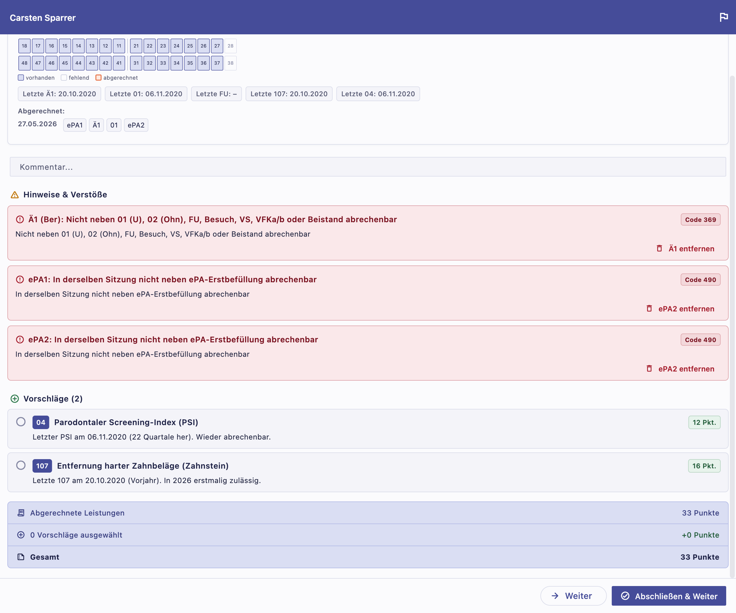 Abschnitt „Hinweise &amp; Verstöße" mit mehreren Fehlern