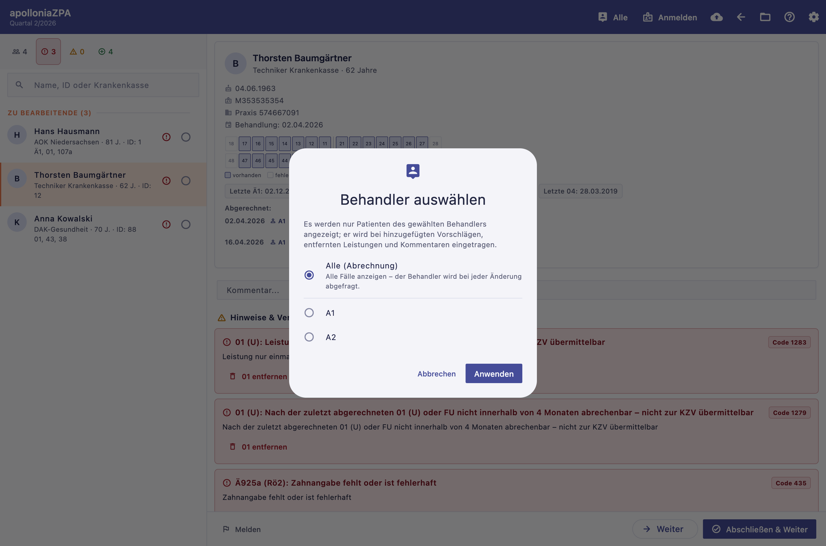 Dialog „Behandler auswählen"