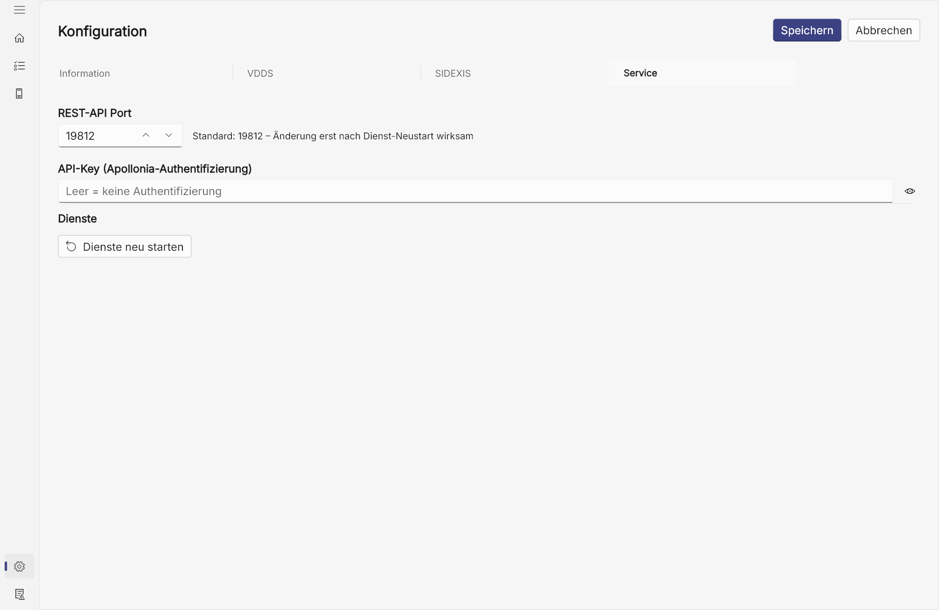 Registerkarte „Service“ mit Port, API-Key und Dienste-Neustart