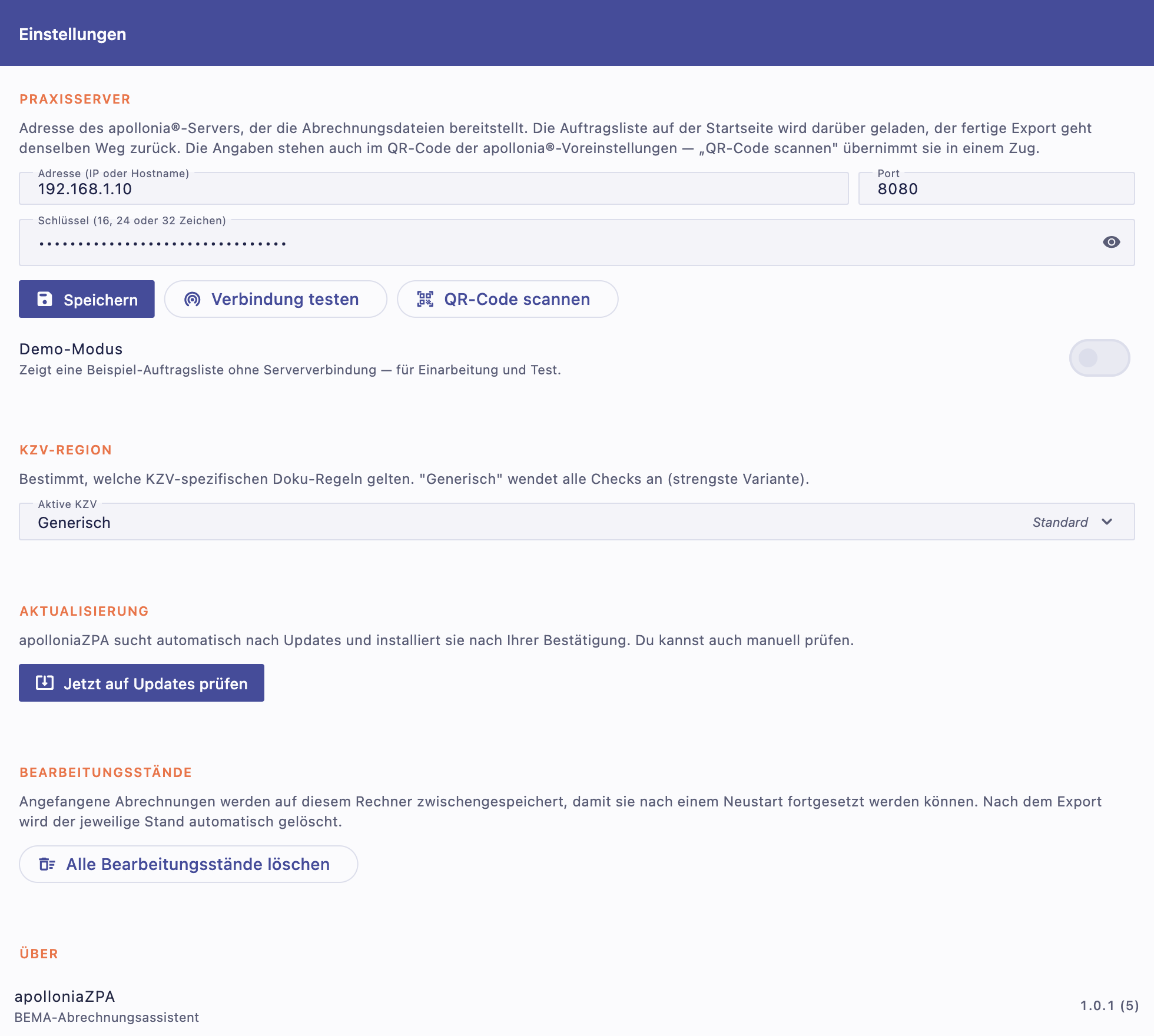 Einstellungen: Praxisserver, KZV-Region, Aktualisierung, Bearbeitungsstände